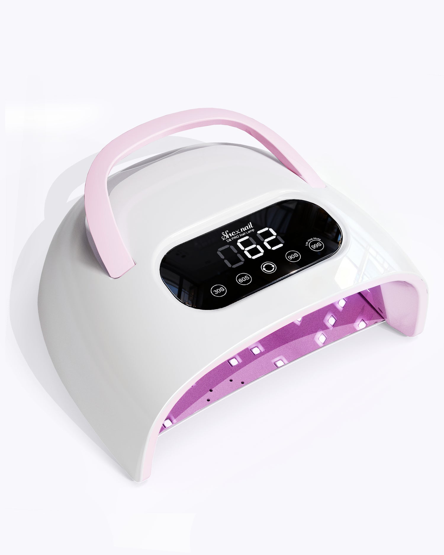 Shexnail D6 white UV LED nail lamp with pink handle, purple curing lights, and LCD timer display