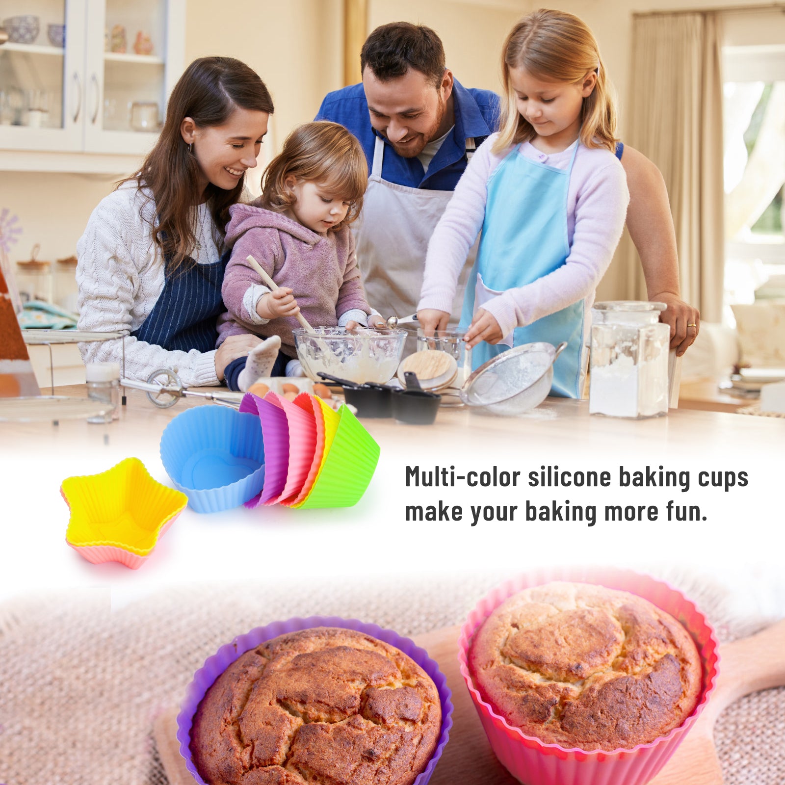 LetGoShop Silicone Cupcake Liners for Baking, 24Pcs Reusable Muffin Cups Greaseproof Muffin Liners Nonstick Baking Molds with Round, Stars, Heart, Flowers Shape for Kids