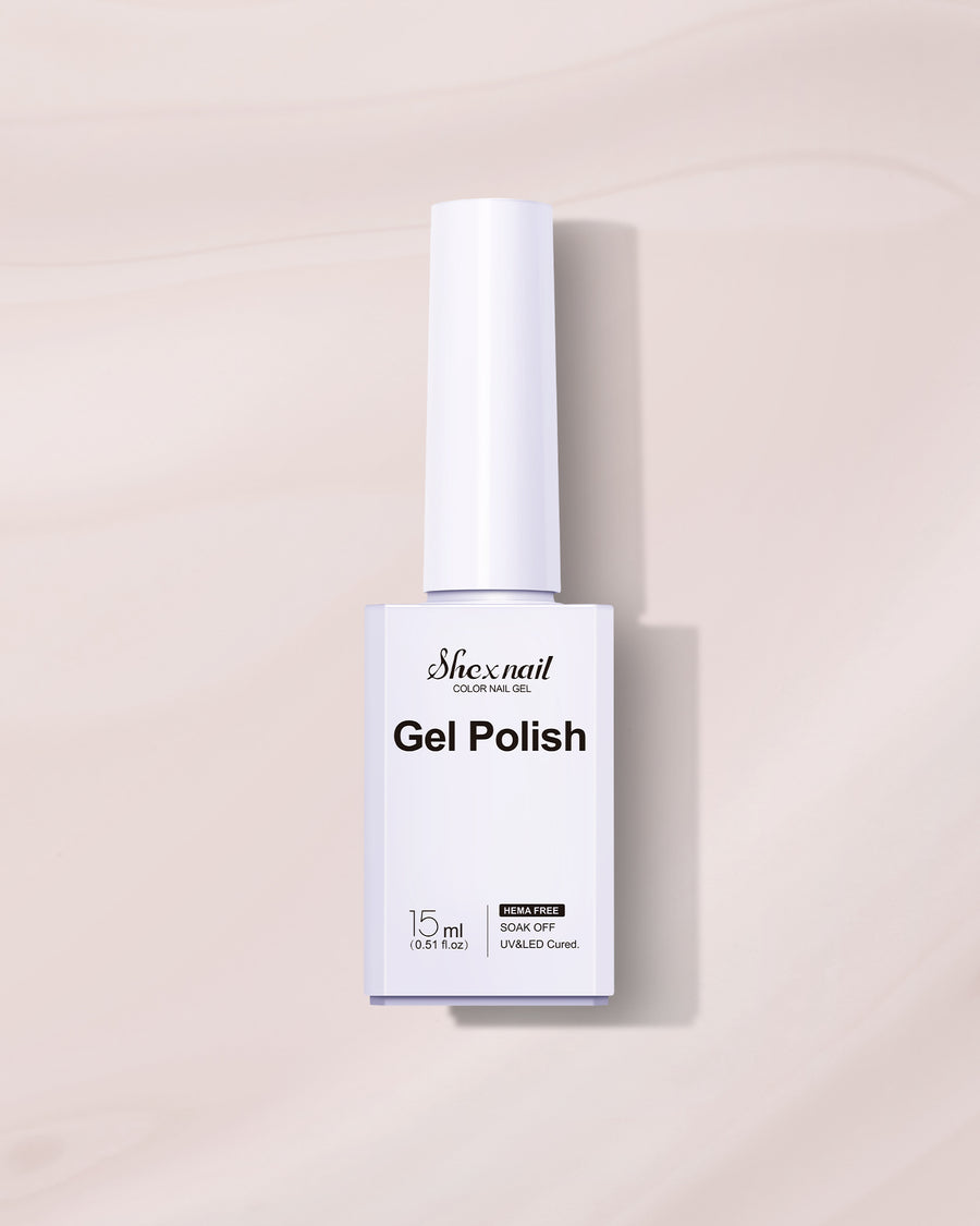 Shexnail HEMA-free gel polish #03 in beige, 15 ml bottle on a light beige background