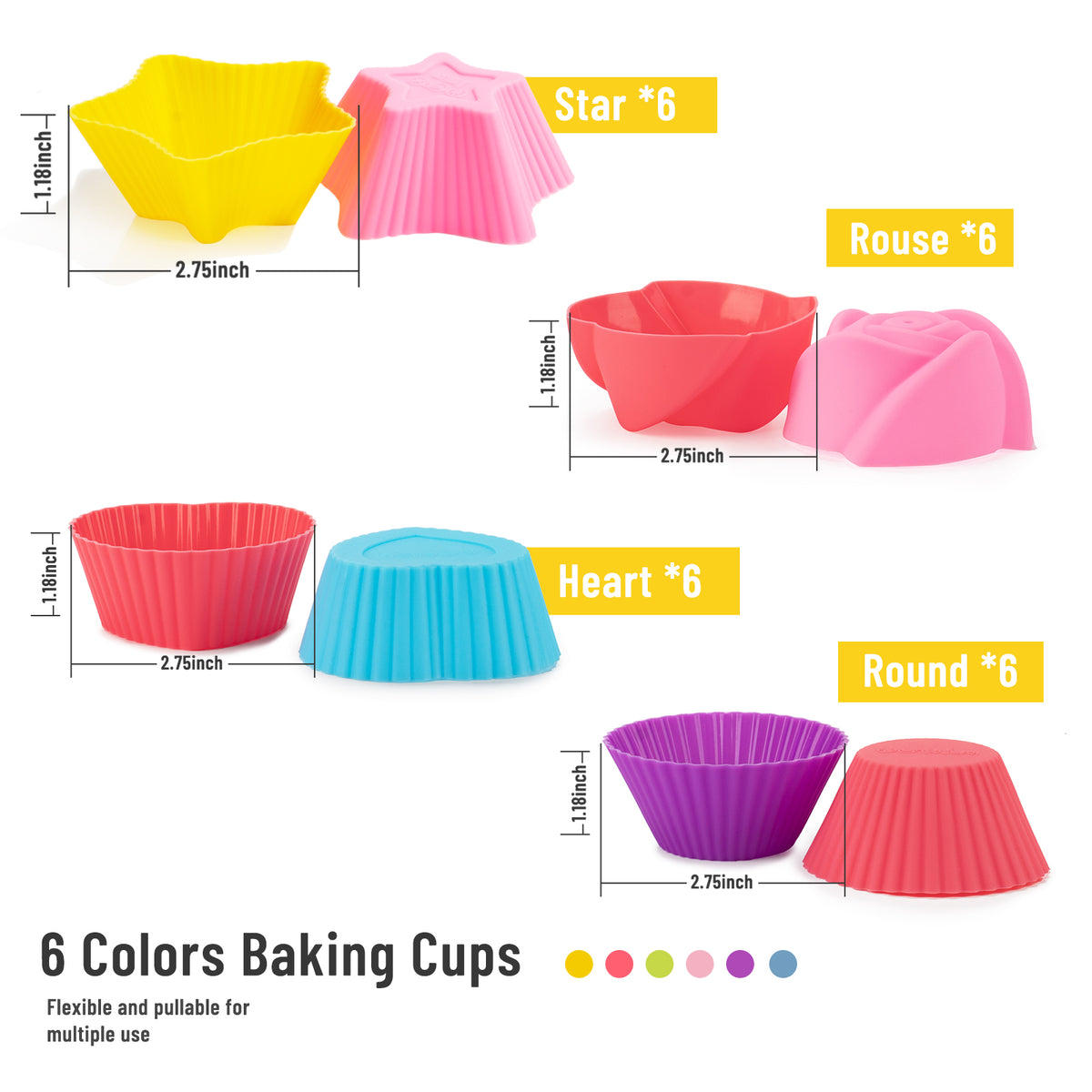LetGoShop Silicone Cupcake Liners for Baking, 24Pcs Reusable Muffin Cups Greaseproof Muffin Liners Nonstick Baking Molds with Round, Stars, Heart, Flowers Shape for Kids