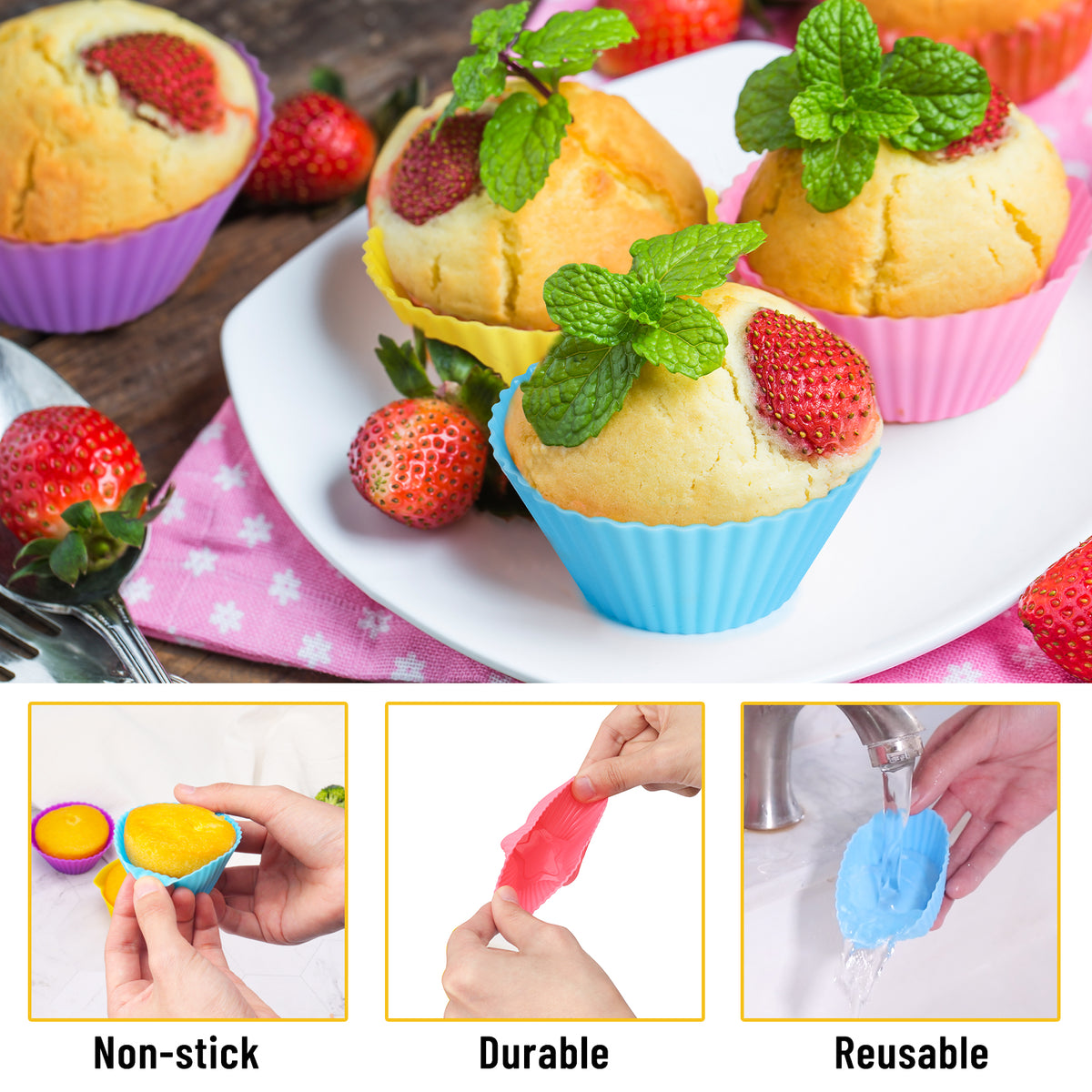 LetGoShop Silicone Cupcake Liners for Baking, 24Pcs Reusable Muffin Cups Greaseproof Muffin Liners Nonstick Baking Molds with Round, Stars, Heart, Flowers Shape for Kids