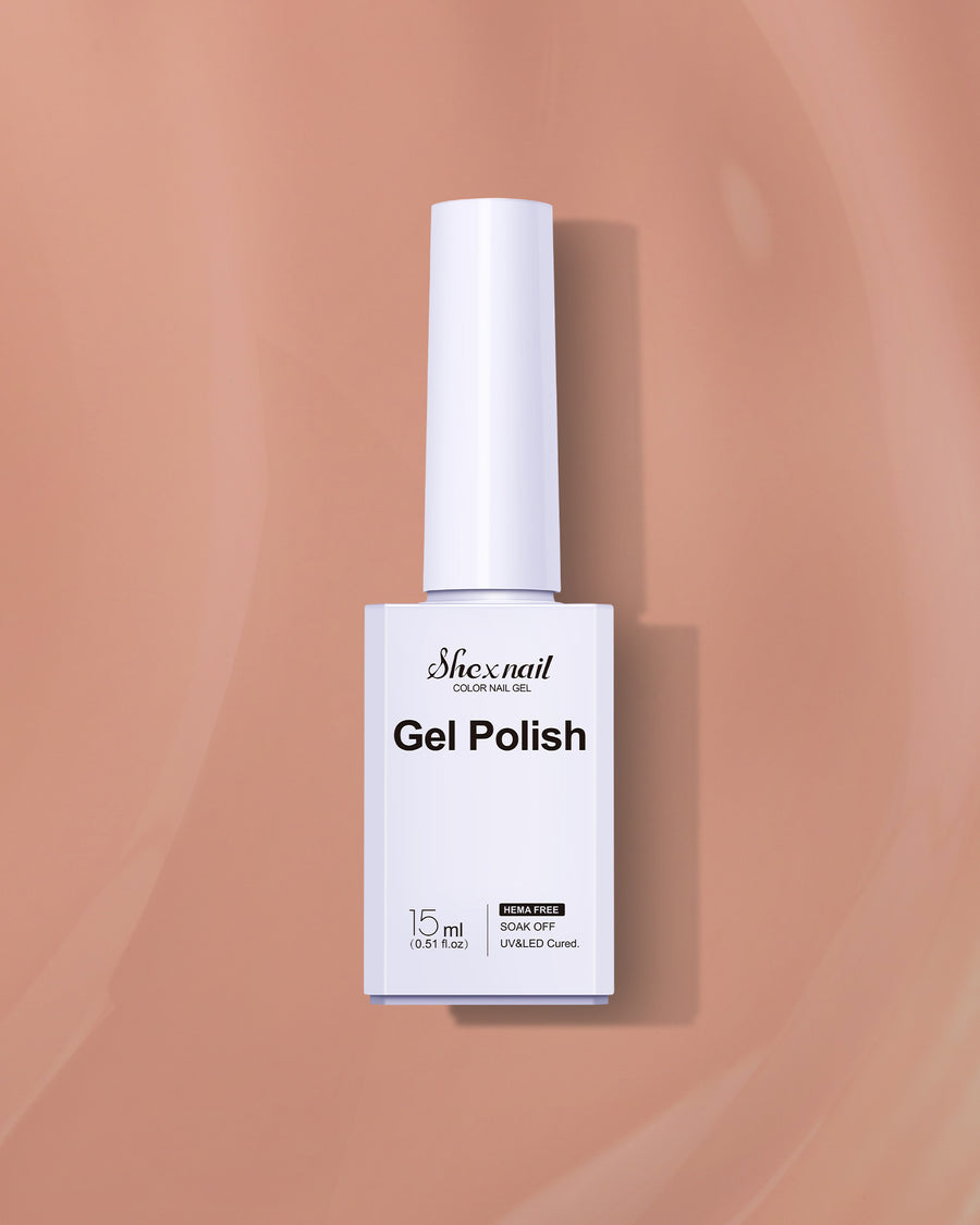 Shexnail HEMA-free gel polish #06 in brownish red, 15 ml bottle on a warm brownish red background
