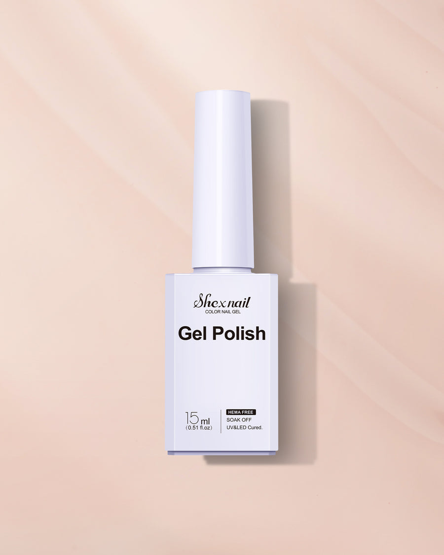 Shexnail HEMA-free gel polish #07 in nude pink, 15 ml bottle on a nude pink background