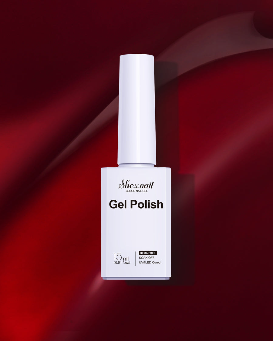 Shexnail HEMA-free gel polish #101 in dark red, 15 ml bottle on a dark red background