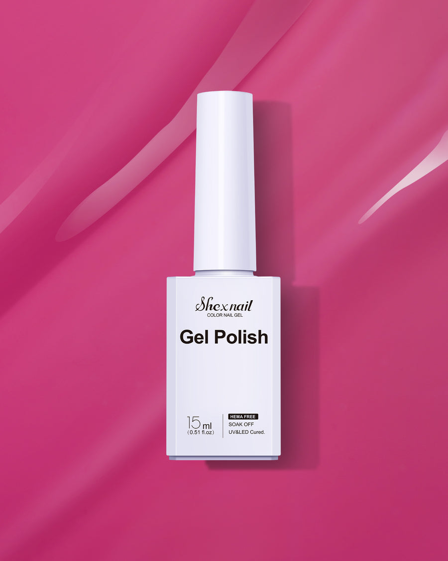 Shexnail HEMA-free gel polish #110 in fuchsia, 15 ml bottle on a fuchsia background
