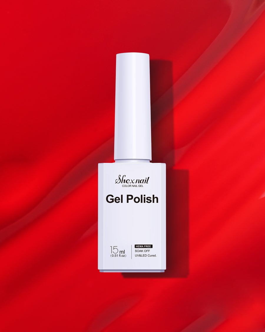Shexnail HEMA-free gel polish #113 in red, 15 ml bottle on a red background
