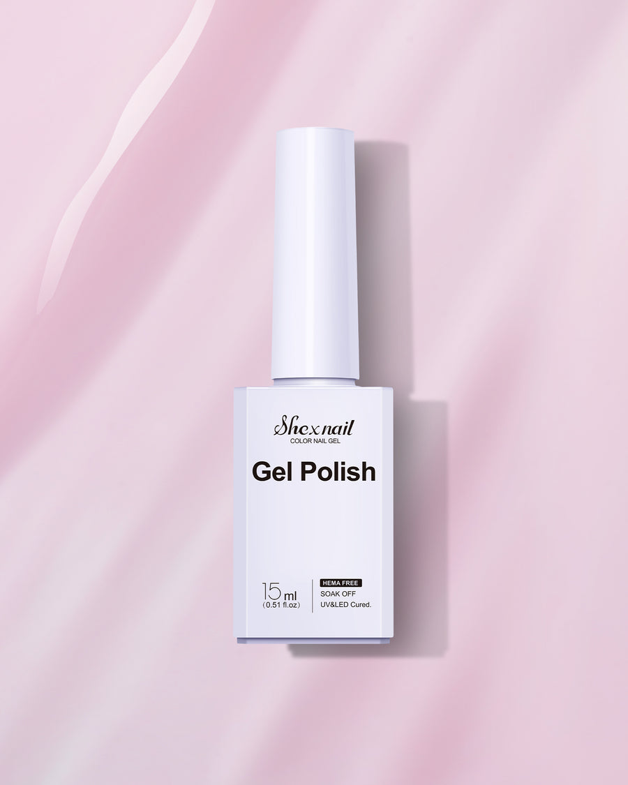 Shexnail HEMA-free gel polish #118 in light pink, 15 ml bottle on a pink background
