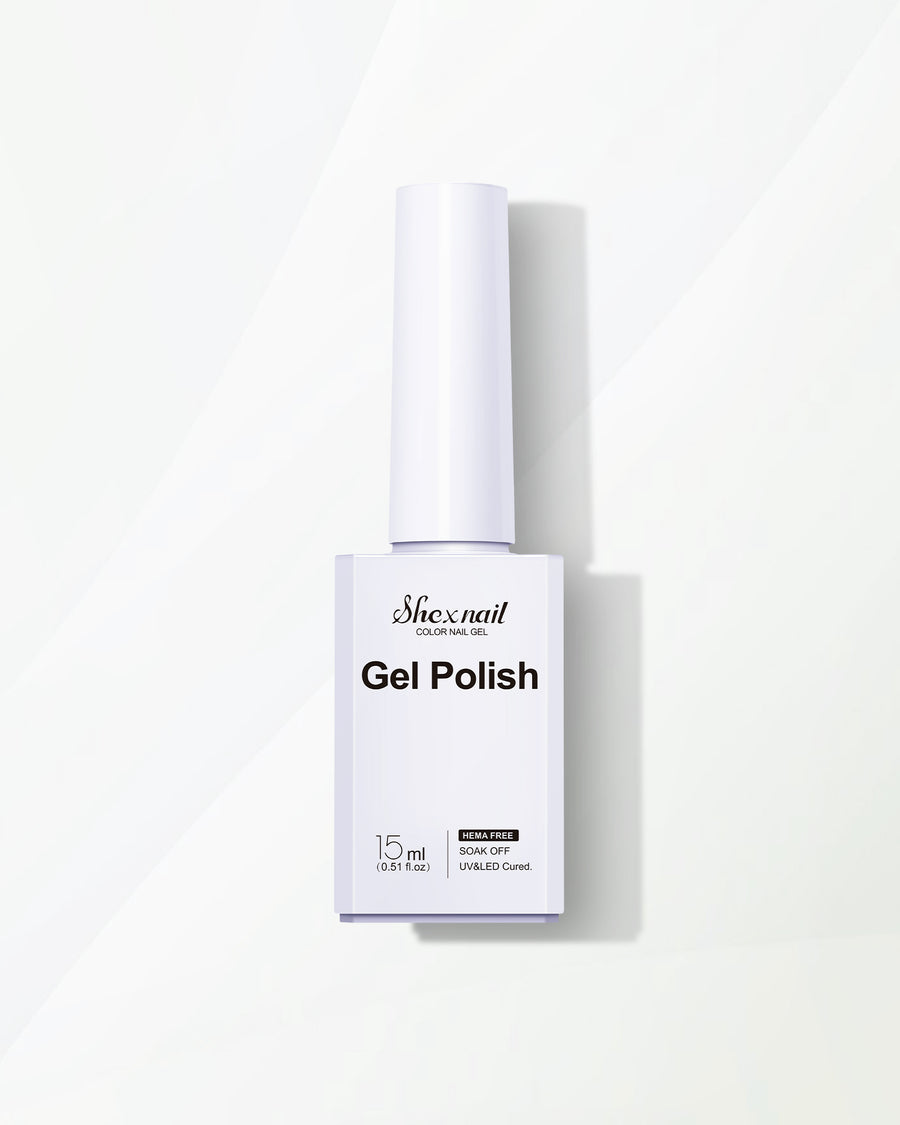 Shexnail HEMA-free gel polish #124 in white, 15 ml bottle on a white background