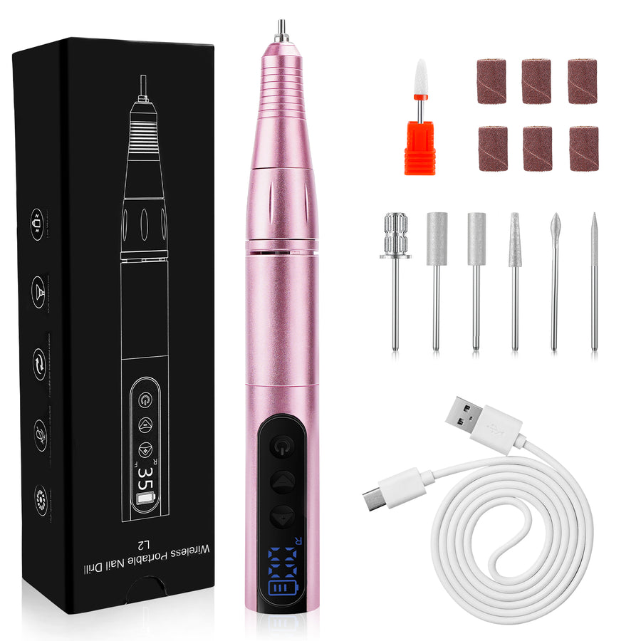 Shexnail cordless pink electric nail drill kit with black control unit, handpiece, and nail drill bits