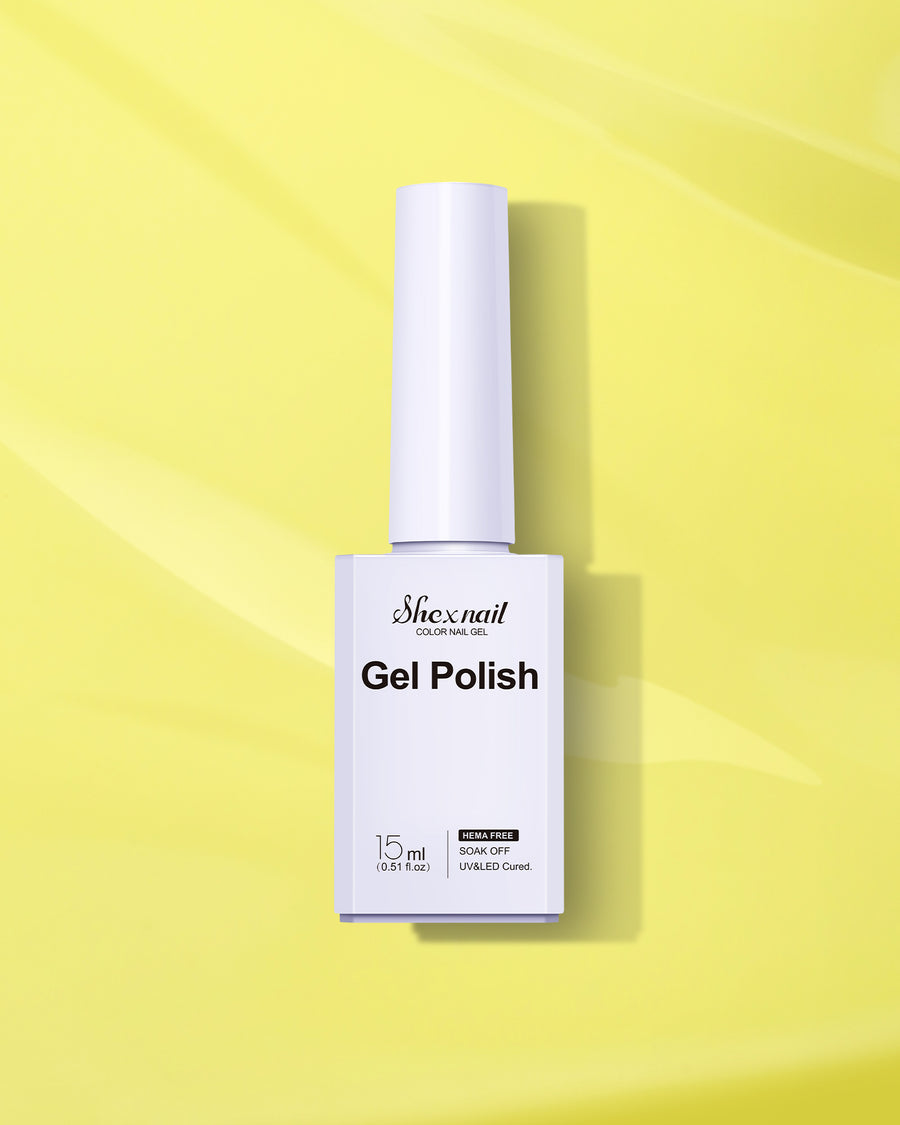 Shexnail HEMA-free gel polish #30 in lemon yellow, 15 ml bottle on a lemon yellow background