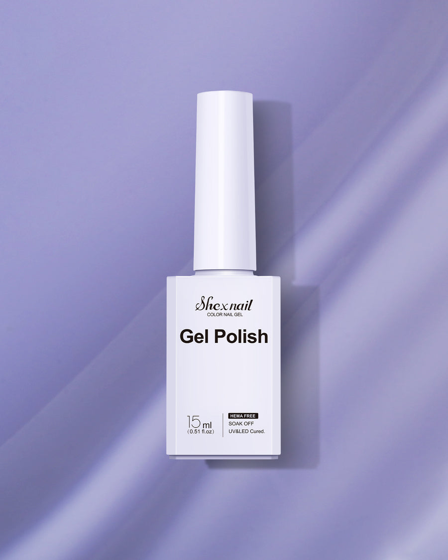 Shexnail HEMA-free gel polish #39 in grayish blue, 15 ml bottle on a grayish blue background