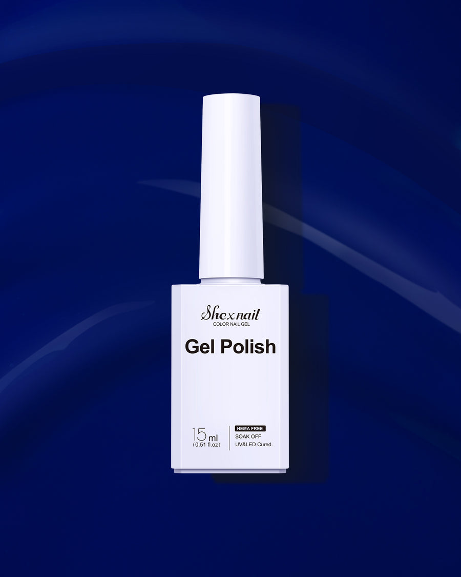 Shexnail HEMA-free gel polish #67 in navy blue, 15 ml bottle on a navy blue background