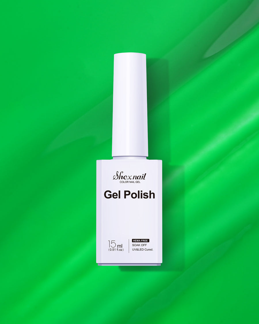 Shexnail HEMA-free gel polish #77 in bright green, 15 ml bottle on a bright green background