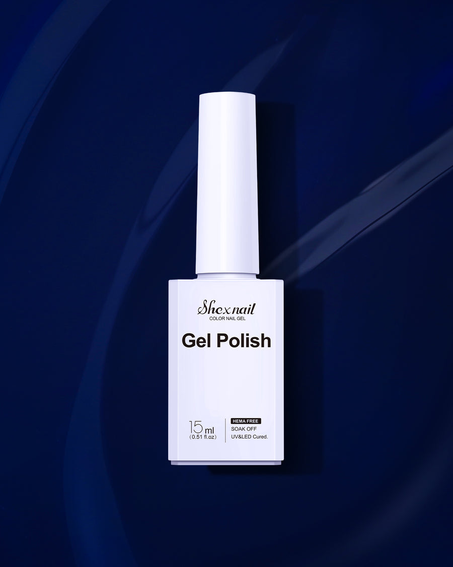 Shexnail HEMA-free gel polish #86 in dark ink blue, 15 ml bottle on a dark blue background