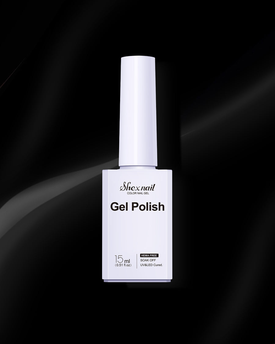 Shexnail HEMA-free gel polish #87 in black, 15 ml bottle on a black background