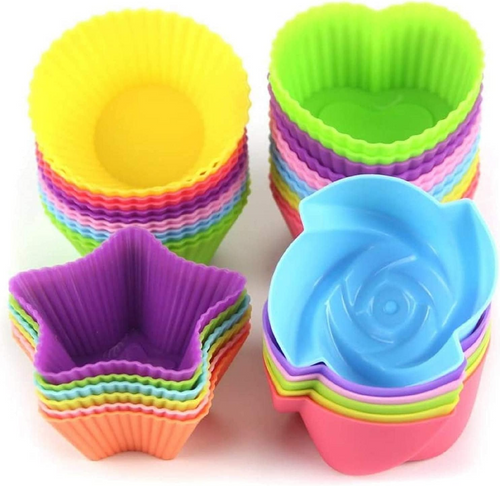 LetGoShop Silicone Cupcake Liners for Baking, 24Pcs Reusable Muffin Cups Greaseproof Muffin Liners Nonstick Baking Molds with Round, Stars, Heart, Flowers Shape for Kids