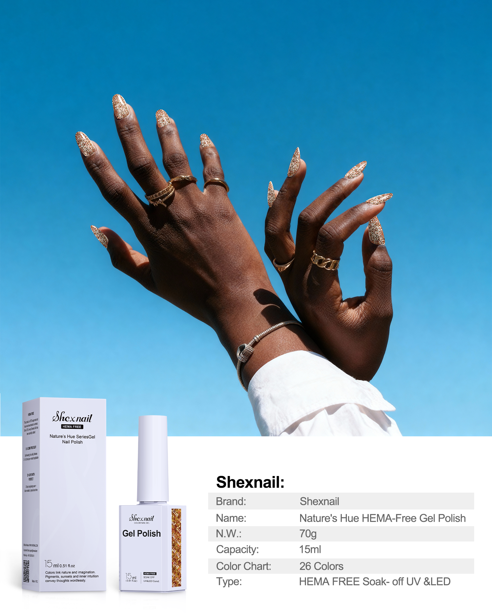 Nature's Hue HEMA-Free Gel Polish #G148 Gold Glitter