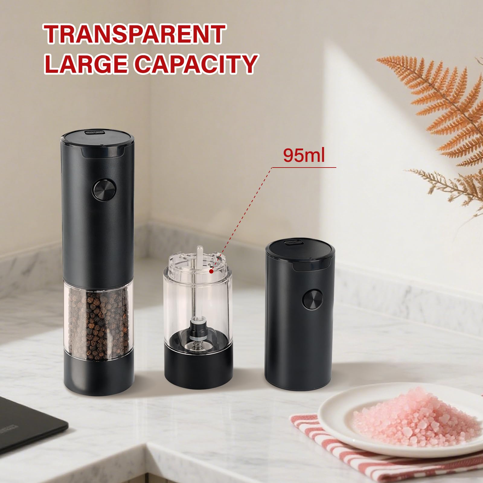 Electric Salt and Pepper Grinder Set - Battery Operated Spice Mills with Adjustable Coarseness, LED Light, Automatic Spice Grinder for Kitchen Appliance, with Cleaning Brush and Stand, Home Cooking
