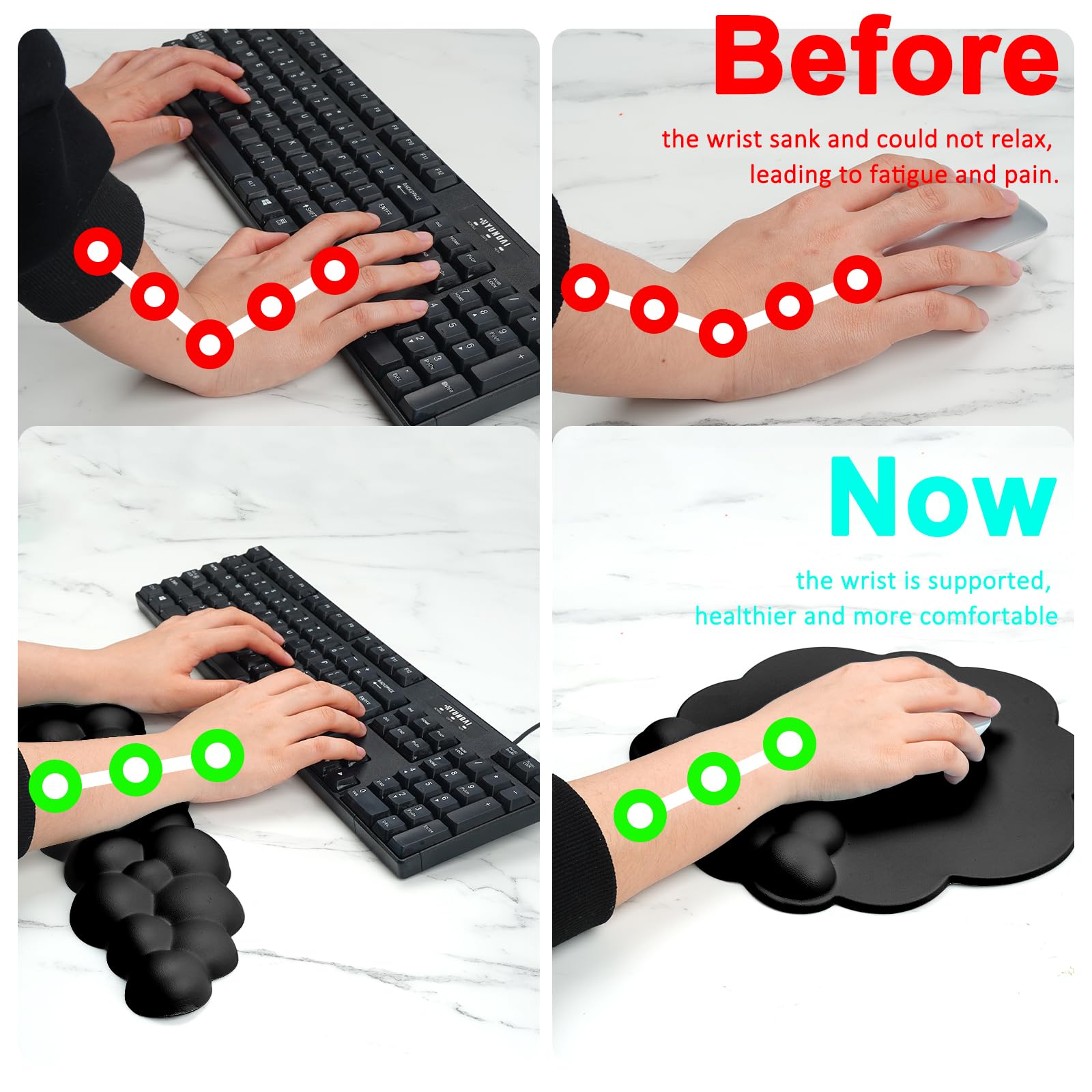 Cloud Keyboard and Mouse Wrist Rest Pad for Computer Arm Pain Relief- Ergonomic Wrist Support Mousepad with Non-Slip PU Base for Office, Gaming, and Home Use Anti-Fatigue(Black)