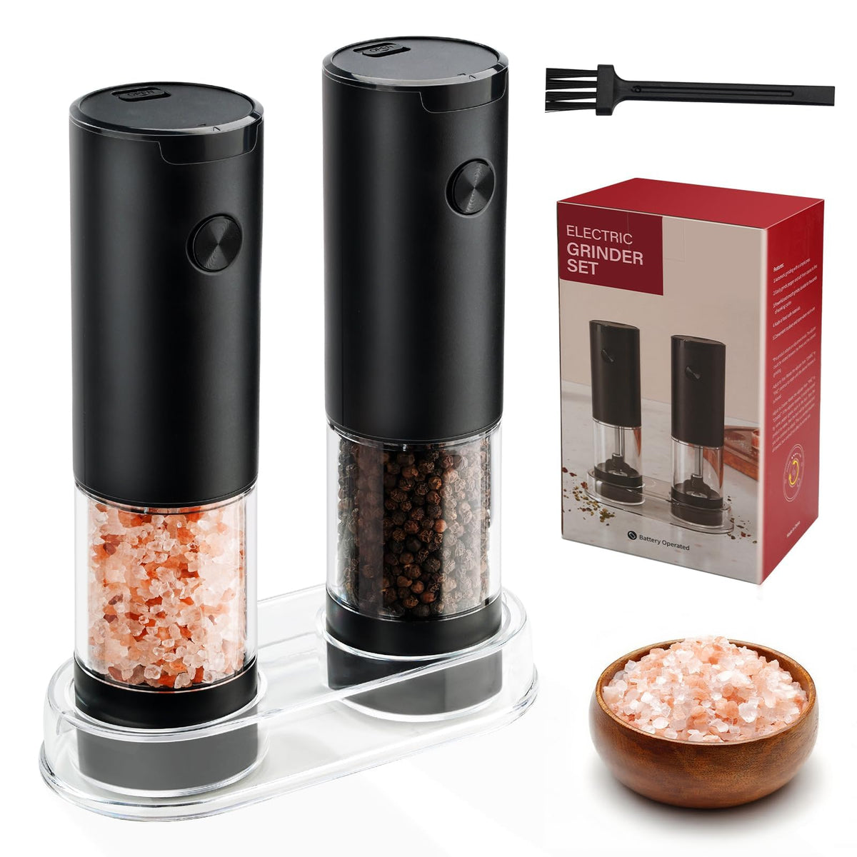 Electric Salt and Pepper Grinder Set - Battery Operated Spice Mills with Adjustable Coarseness, LED Light, Automatic Spice Grinder for Kitchen Appliance, with Cleaning Brush and Stand, Home Cooking