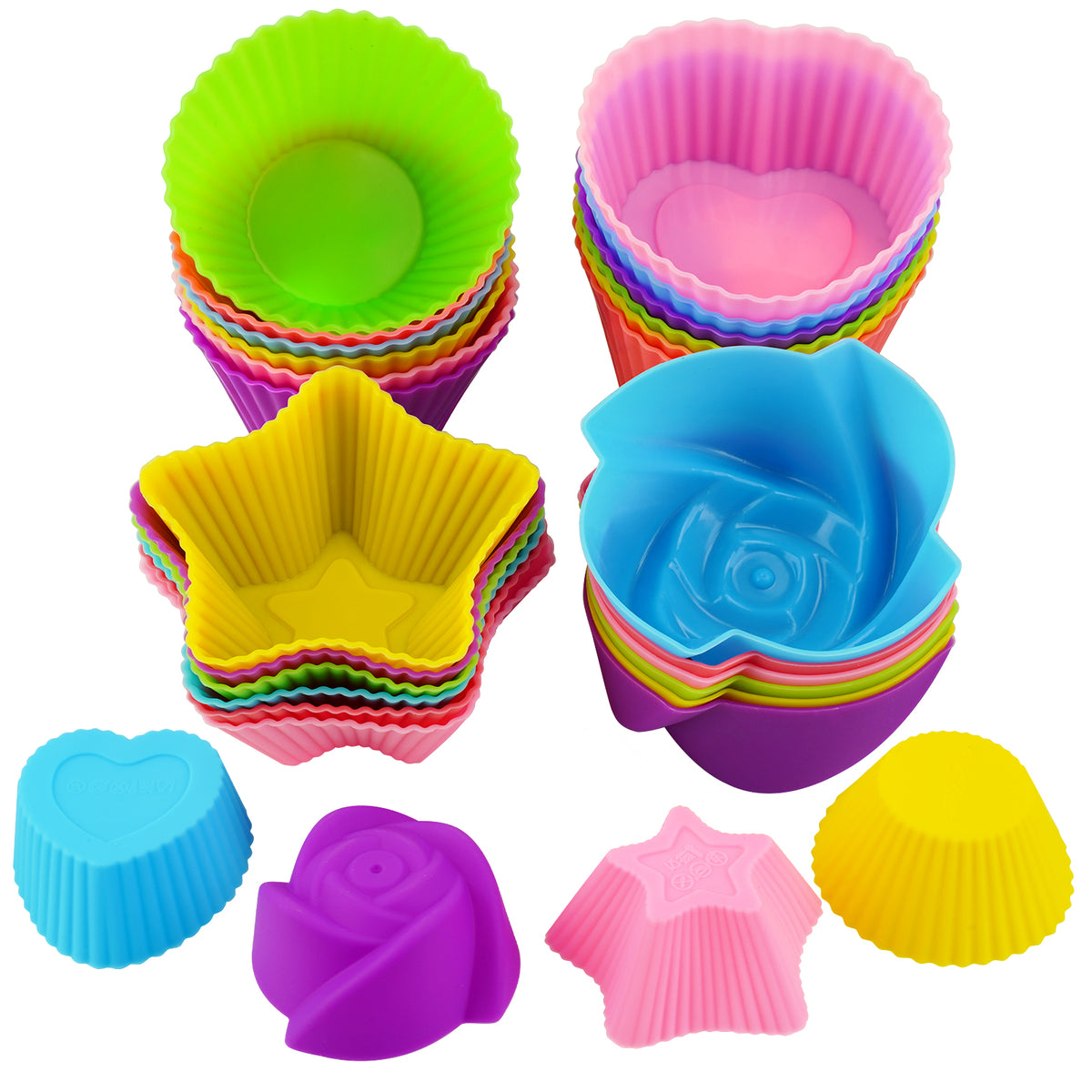 LetGoShop Silicone Cupcake Liners for Baking, 24Pcs Reusable Muffin Cups Greaseproof Muffin Liners Nonstick Baking Molds with Round, Stars, Heart, Flowers Shape for Kids