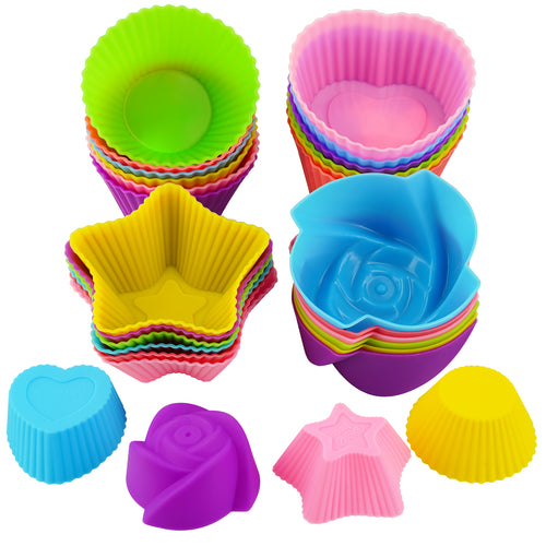 LetGoShop Silicone Cupcake Liners for Baking, 24Pcs Reusable Muffin Cups Greaseproof Muffin Liners Nonstick Baking Molds with Round, Stars, Heart, Flowers Shape for Kids